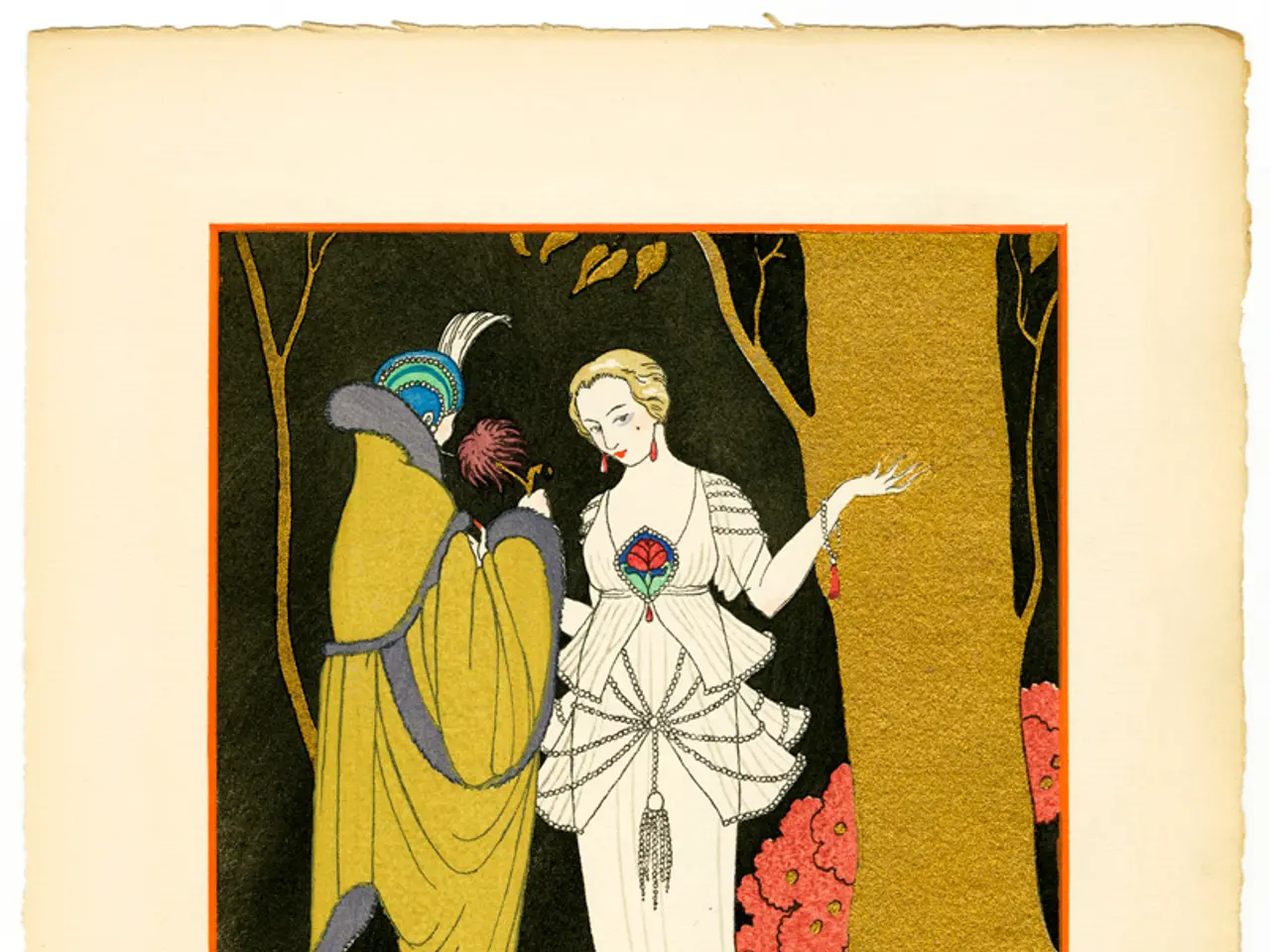 In the picture we can see a magazine with a painting of woman and some person standing beside her...