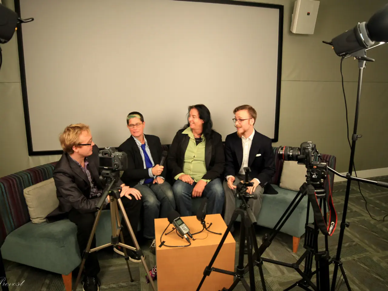 This picture describe about a group of people sitting on the coach and giving interview. Behind...