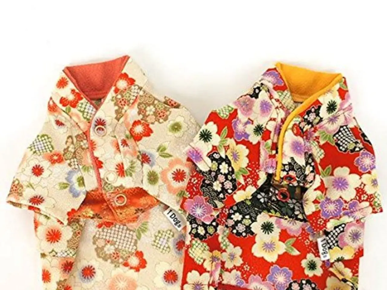 In the image on the white floor to the left side there is a dress with orange flowers. And to the...