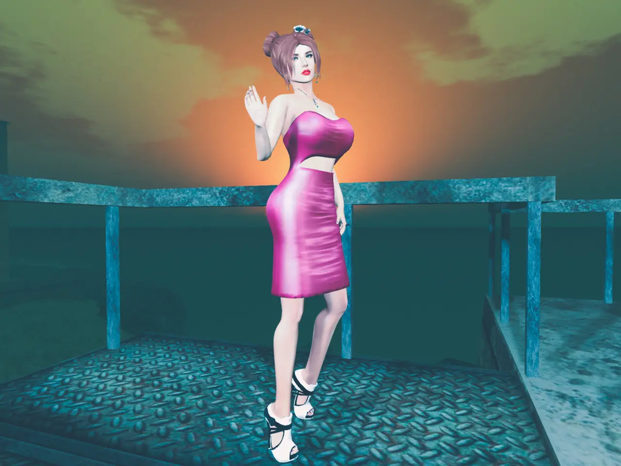 This is an animated image. In this image there is a lady standing on the bridge. In the background...