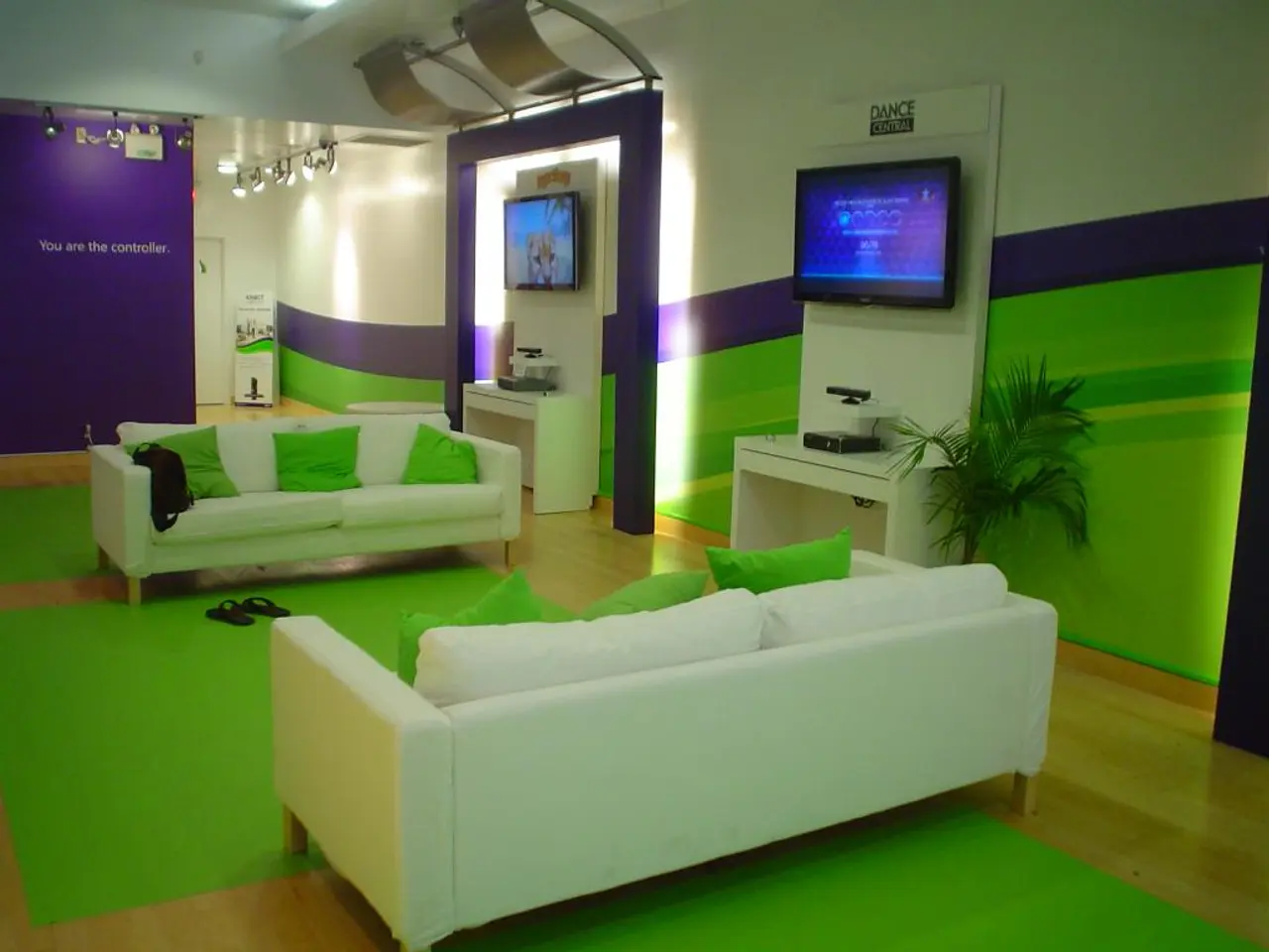 There are two sofas,slippers,television and the wall,here there is plant.