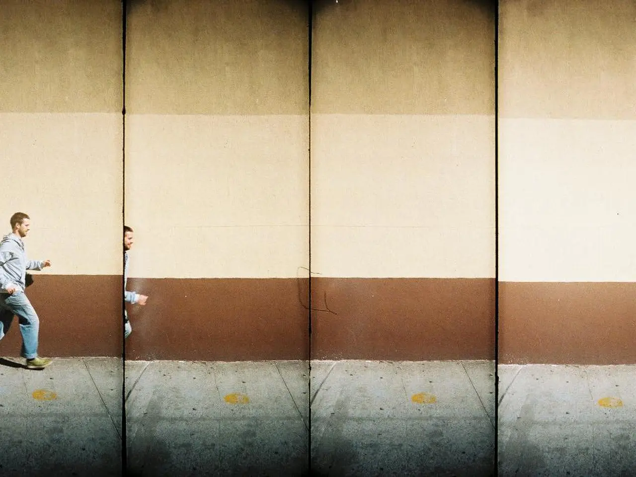 This is a collage image of a person running on the road. In the background there is a wall.