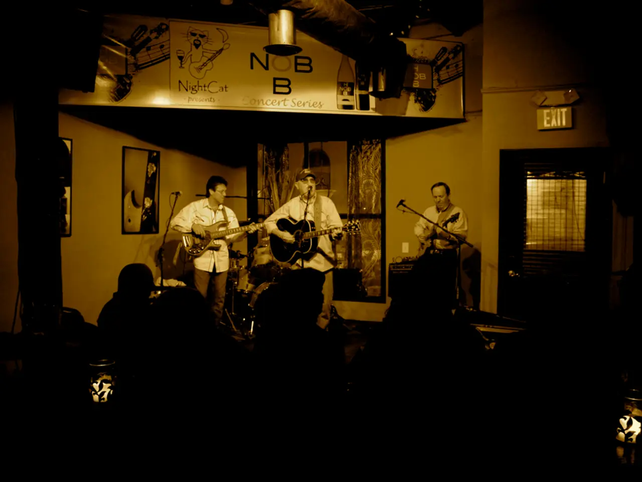 This is inside a room. few people are playing guitar. In front of them there is mic. They are...
