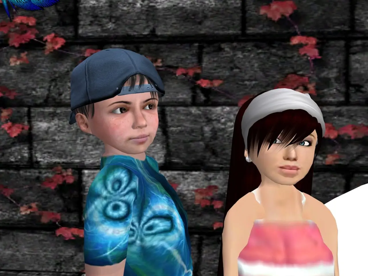 This is the animation picture. In this image we can see a boy, girl, wall and creepers on the wall.