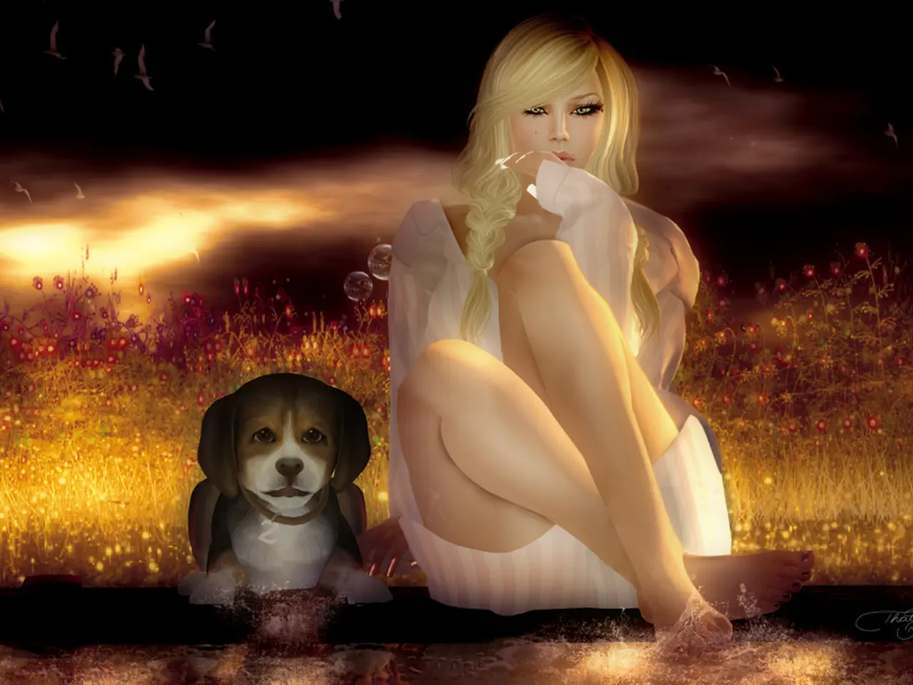 This is an animated picture, where we can see a woman sitting on the ground and there is a dog...