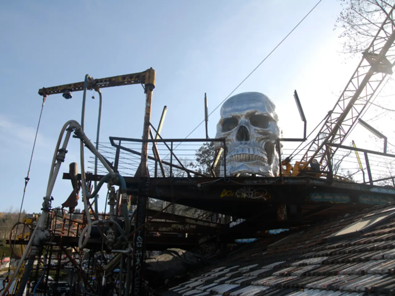 In the image there is a sculpture of a skull and around that there is a crane, some rods, tubes and...