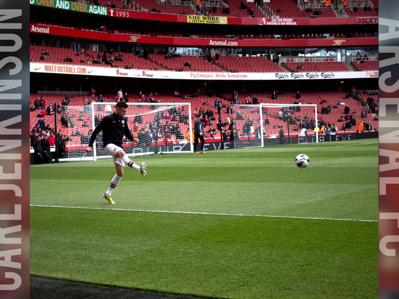 In the image there are football players in the ground and behind the ground there is a huge crowd.