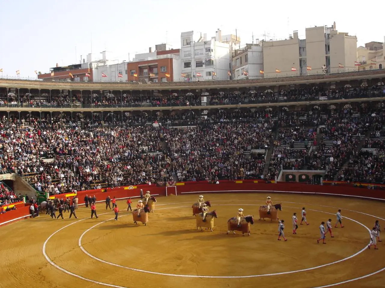 In the picture I can see people are walking on the ground and I can see a few people are sitting on...