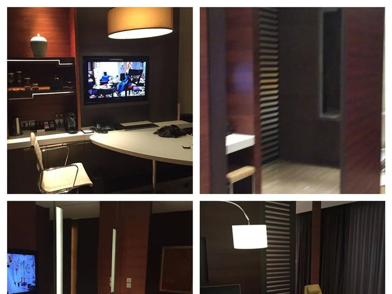 This picture is a collage of four images consisting of a television, lamp, table, chairs, tables...