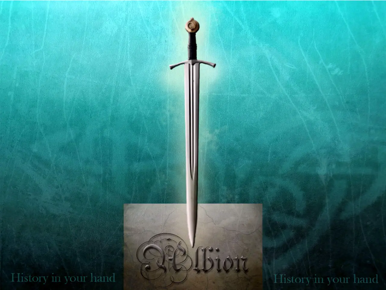 This is an animated picture of a sword with a name and some text at bottom of the image.
