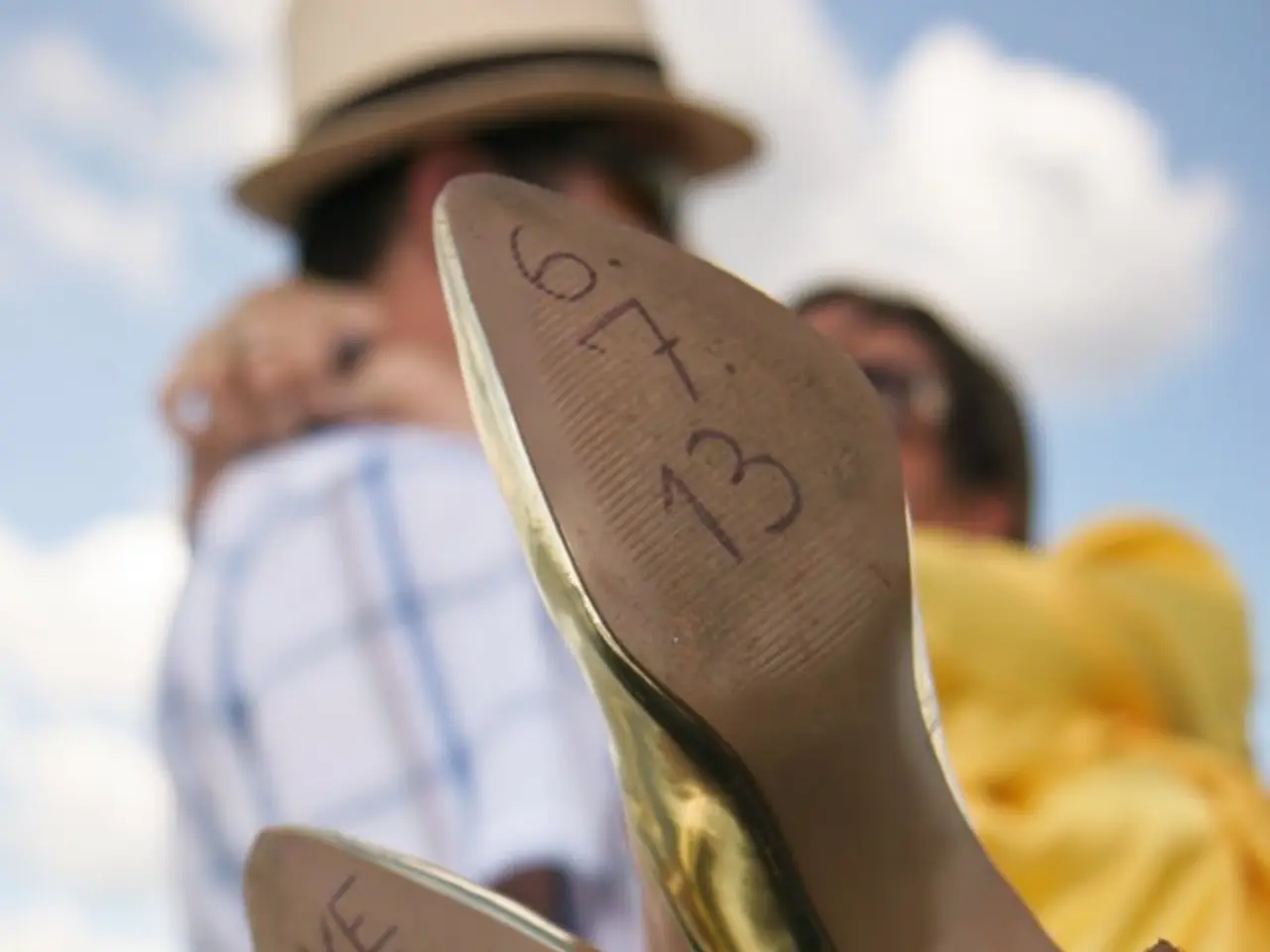 In the picture there are heels of a woman and some date is written on both of the heels and behind...