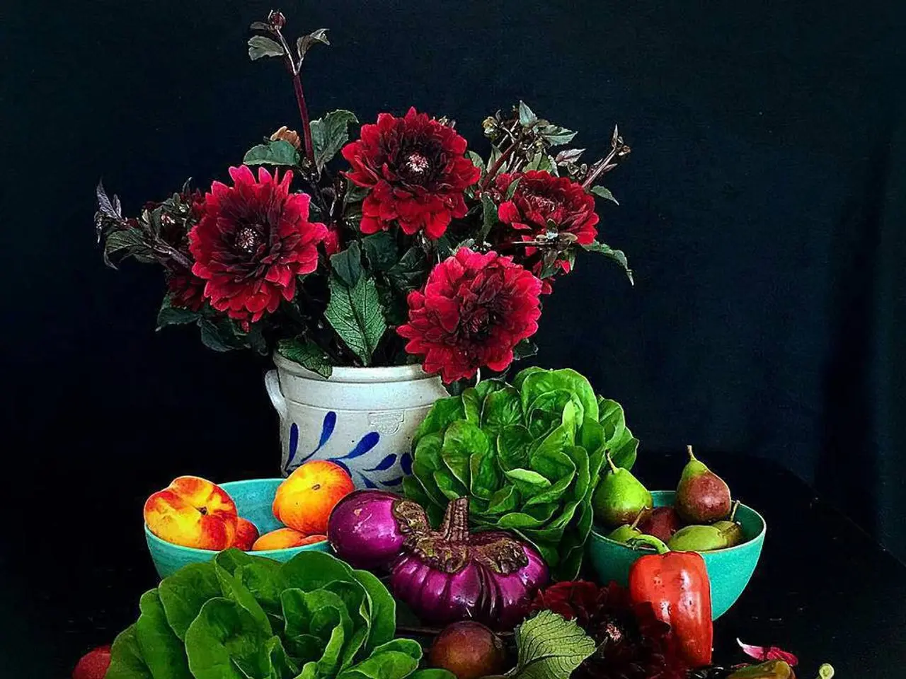 In this picture there are flowers, fruits, and vegetables in the image and the background area of...