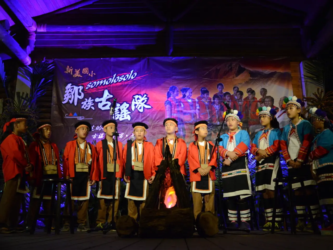 In the picture I can see group of people are standing. These people are wearing costumes. I can...