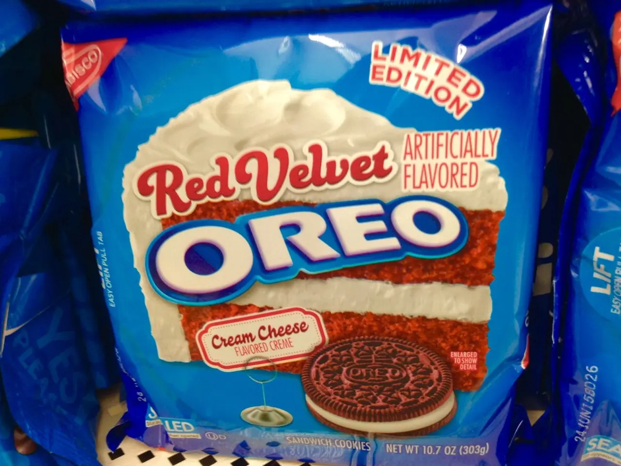 In this image we can see packs of Oreo biscuits.