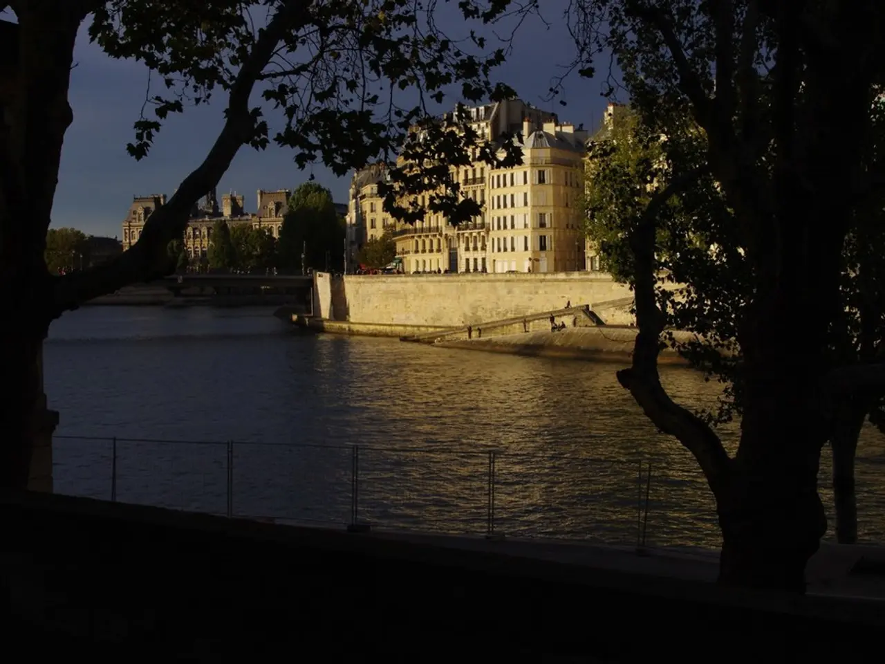In this image I can see a fence, water, trees, buildings, light poles, vehicles on the road and the...