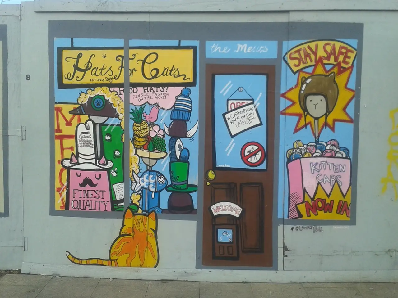 In this picture we can see a wall, there is painting of a door, a cat and other things on the wall,...