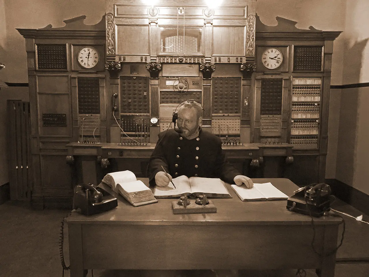 There is a person sitting writing something on a book with a pen behind him there is a telephone...