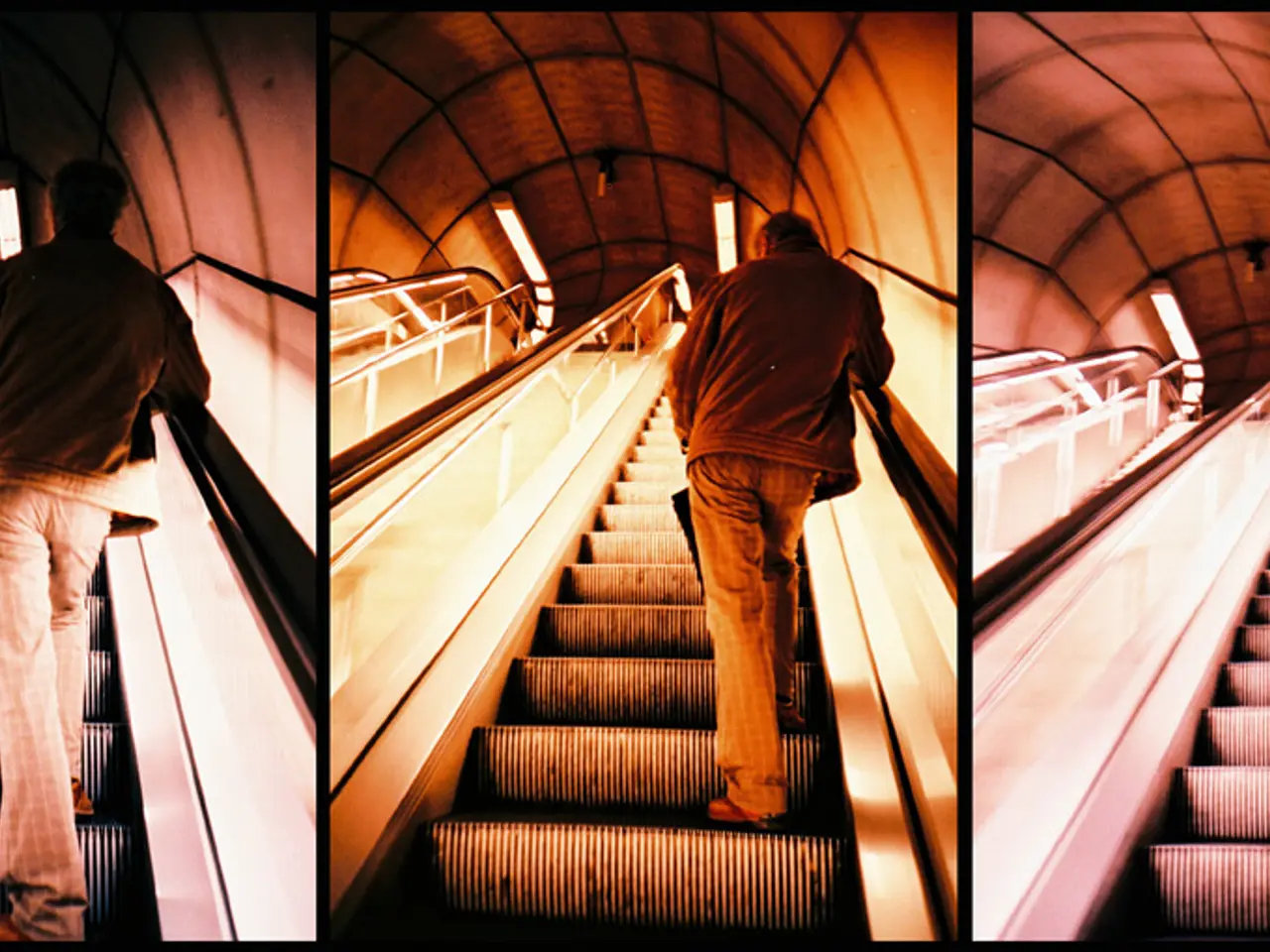 There are 3 images. A person is standing on an escalator. There are lights on the top.
