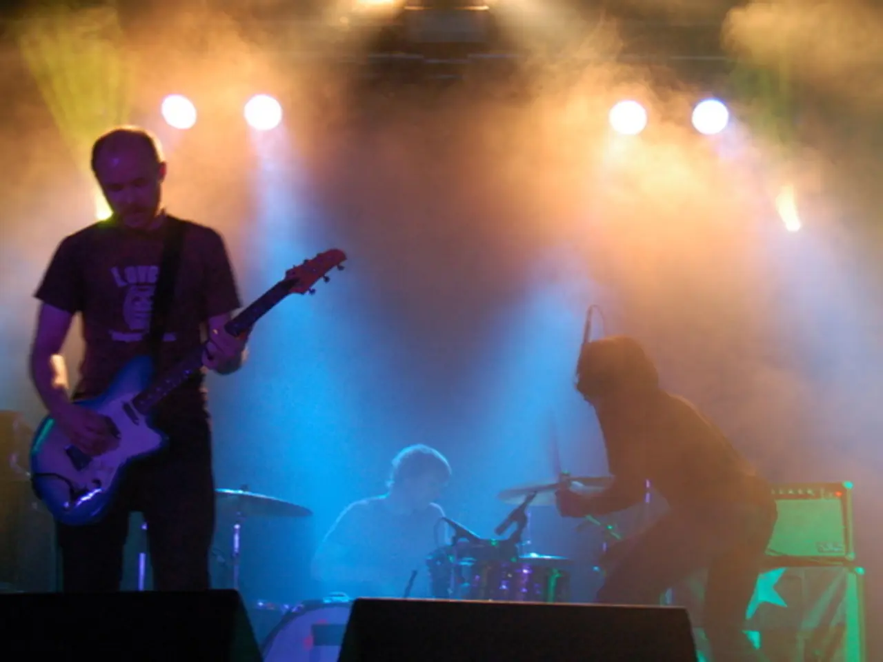 This images clicked in a musical concert. There are lights on the top. There are people in the...