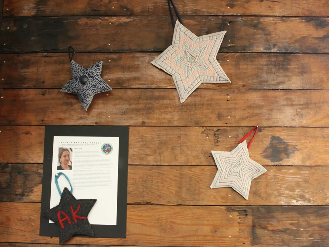 In this image, we can see crafts and frame on the wooden board. On the left side of the image, we...