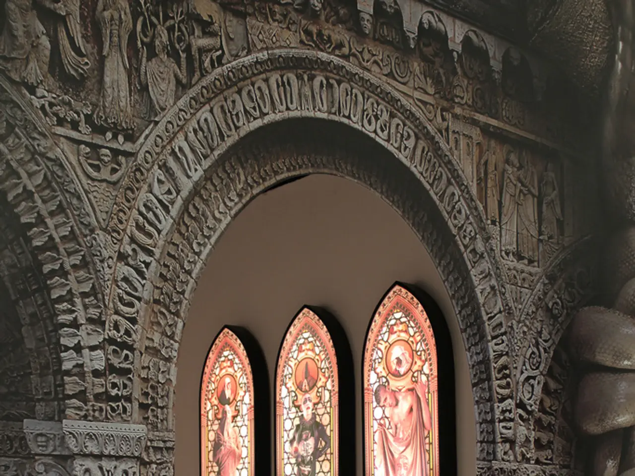 It is an inside view of house. Here we can see an arch with art. At the bottom, there is a floor....