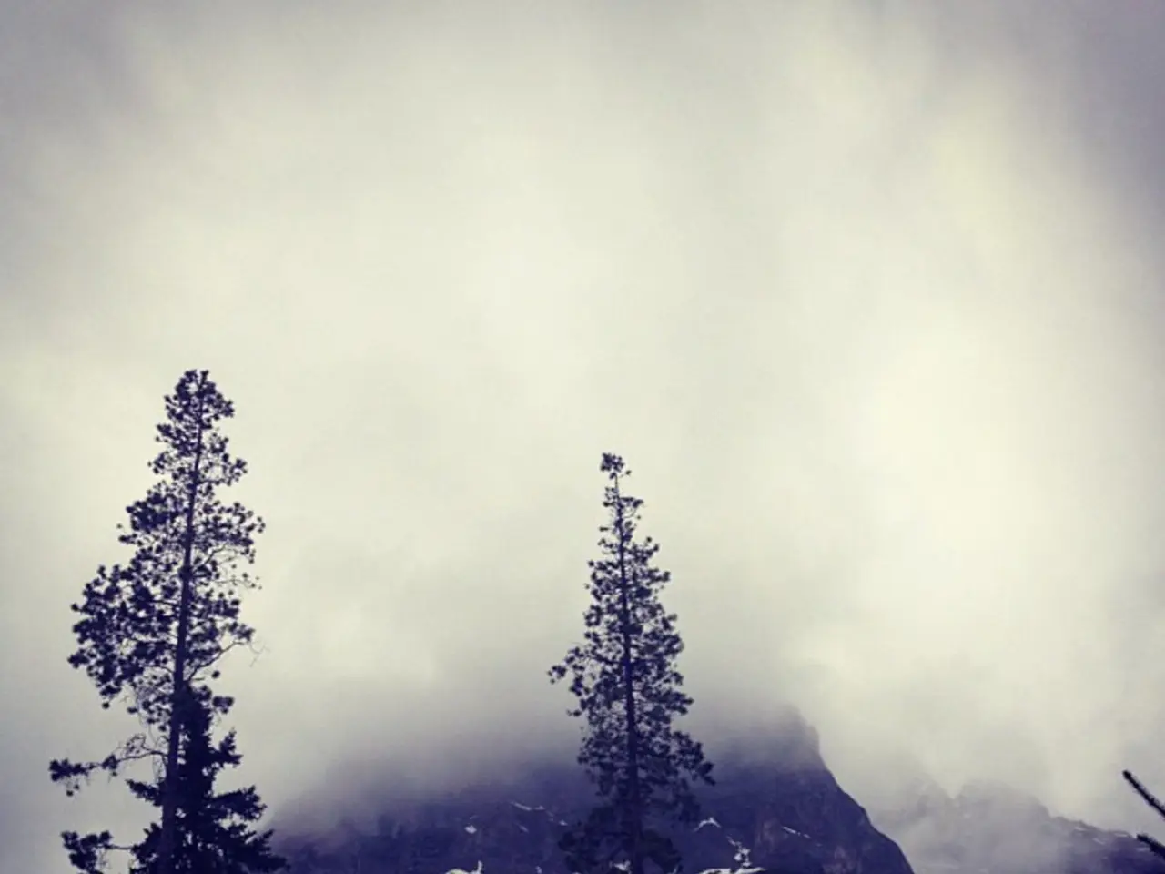 In this picture I can see that there are some trees, mountains and the sky is cloudy.