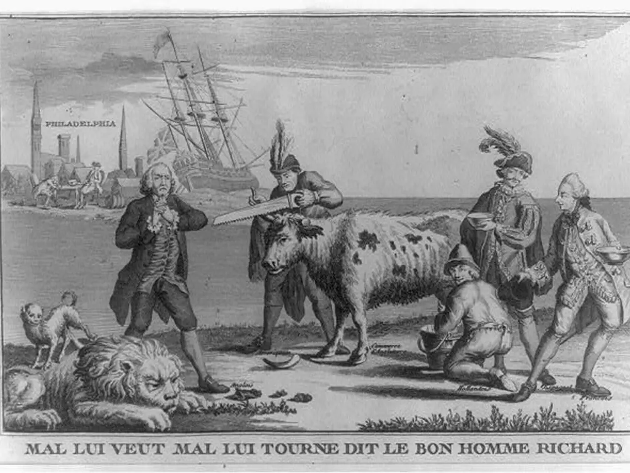 This is a black and white image. This image consists of a painting of some people and animals on...