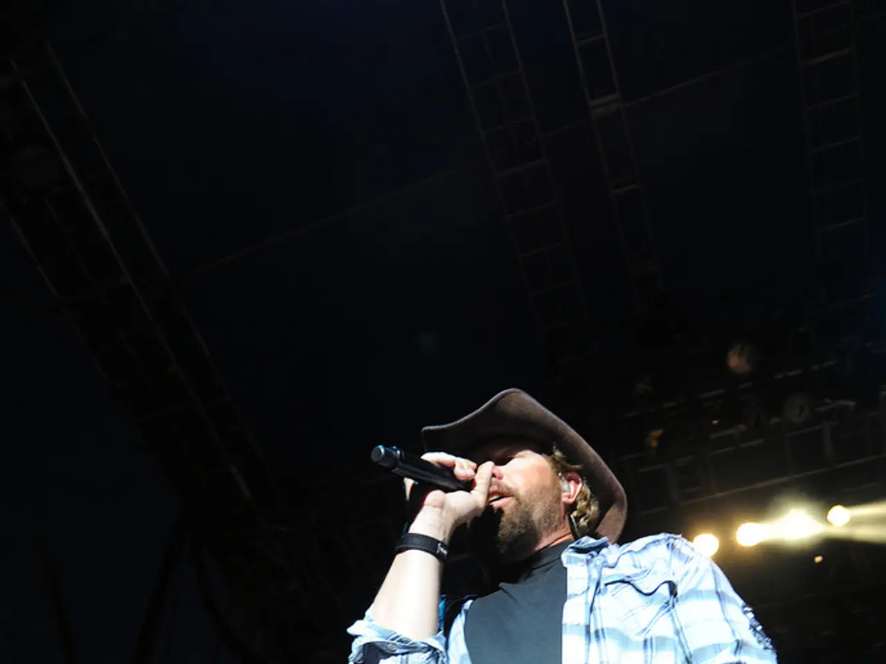 In this image the man is standing on the stage and singing the song using a mic in his hand and he...