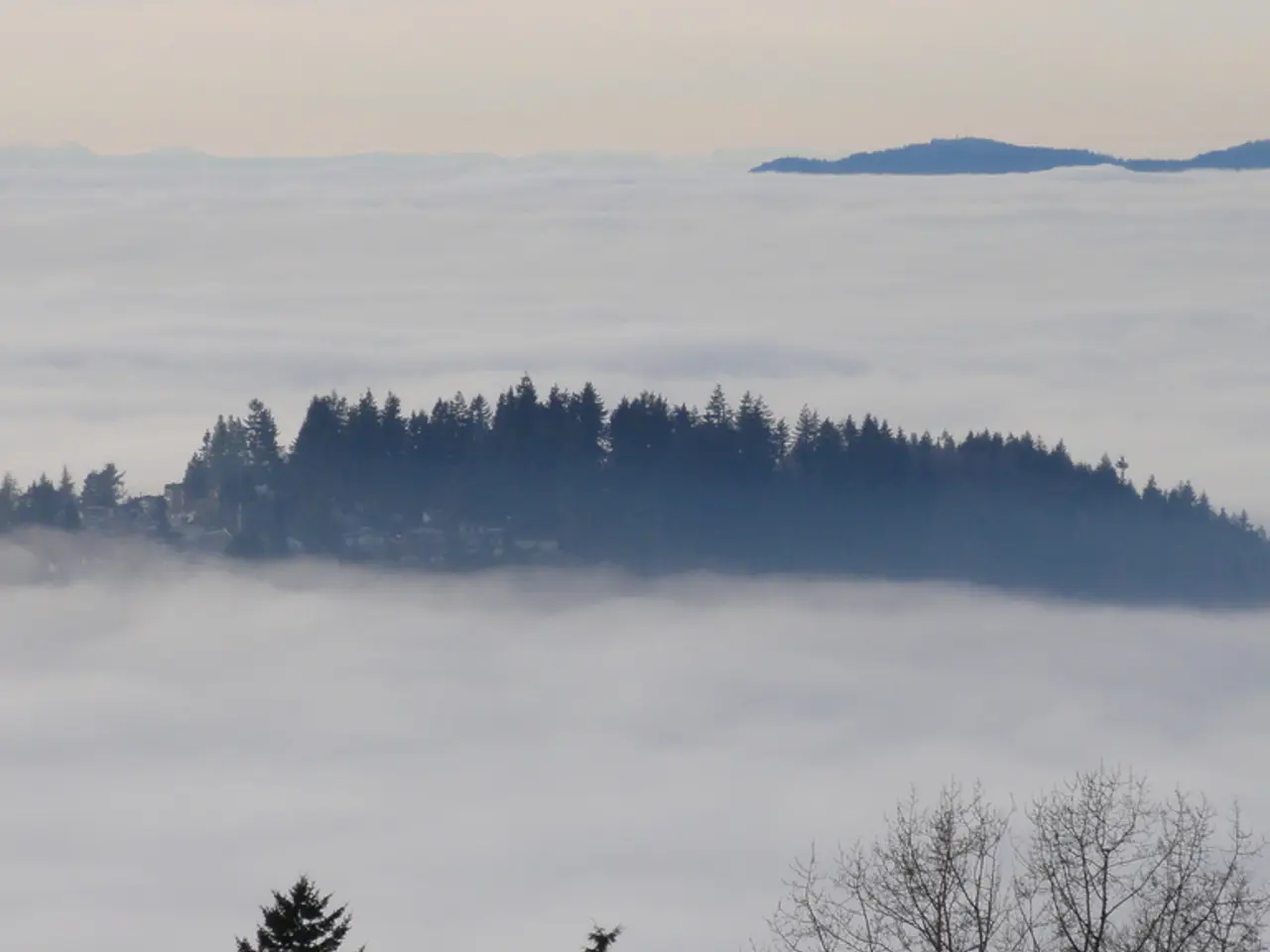 In this image we can see sky, hills, trees and fog.