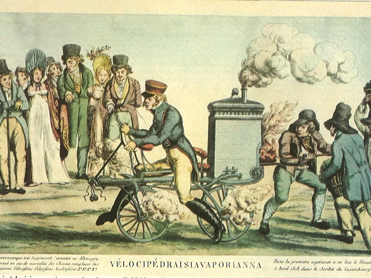 In this image we can see a picture of paper on which there are group of people, vehicle and smoke....