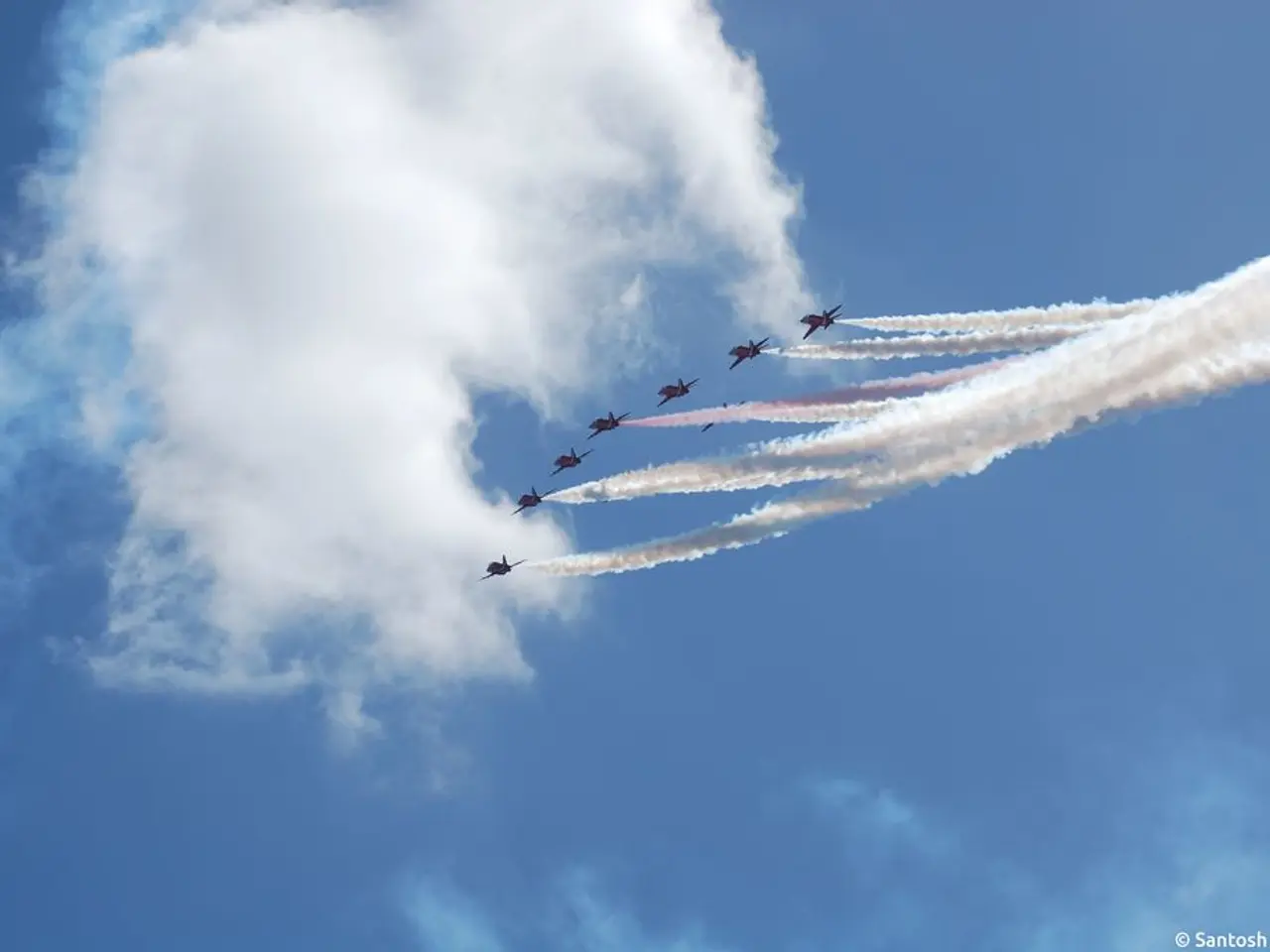 This image consists of aircraft flying in the sky. On the right, we can see the smoke. In the...