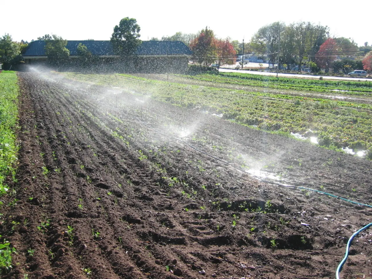 In this image we can see the farmland and water sprinklers here. In the background, we can see the...