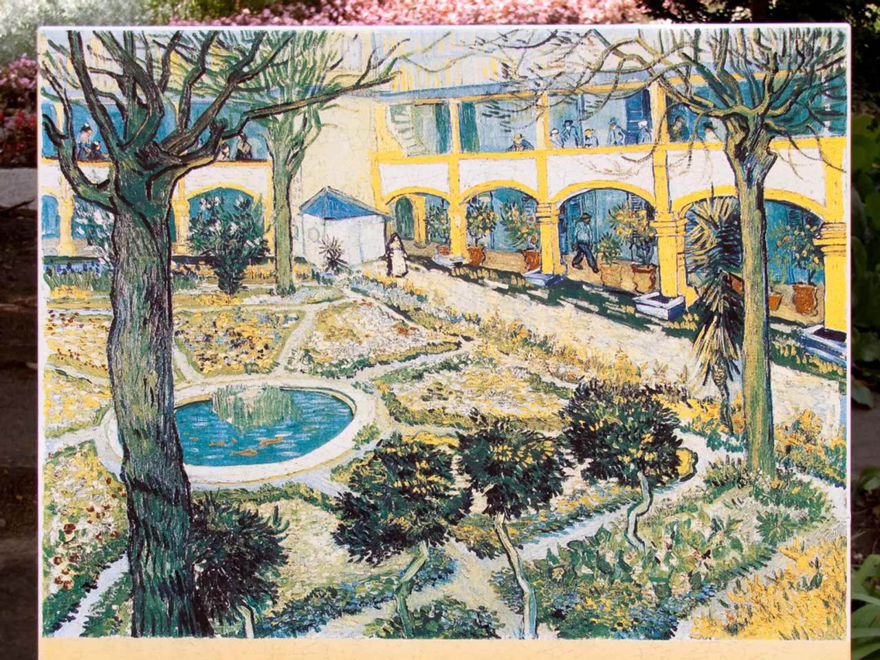 It is a poster. In this image there are depiction of people, buildings, pond and there is some text...