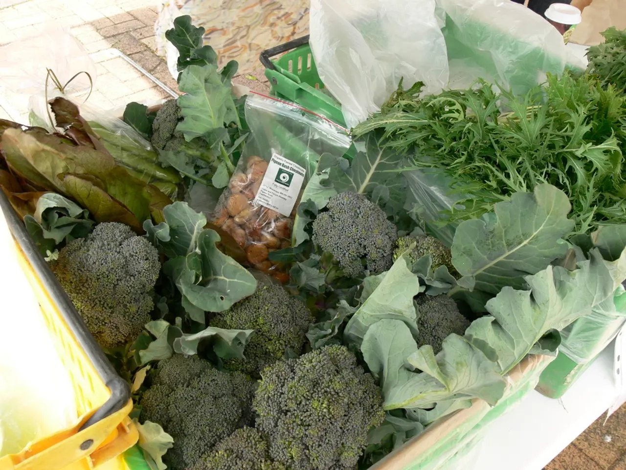 In this picture we can see a few food items, some food in a packet and a yellow color basket on the...