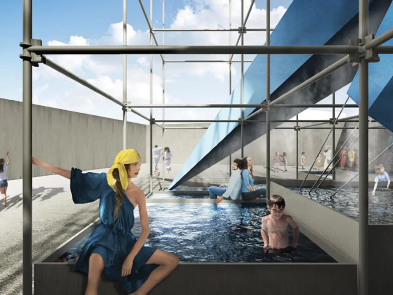 In this image there is a swimming pool in the middle. In the pool there is a kid. At the top there...