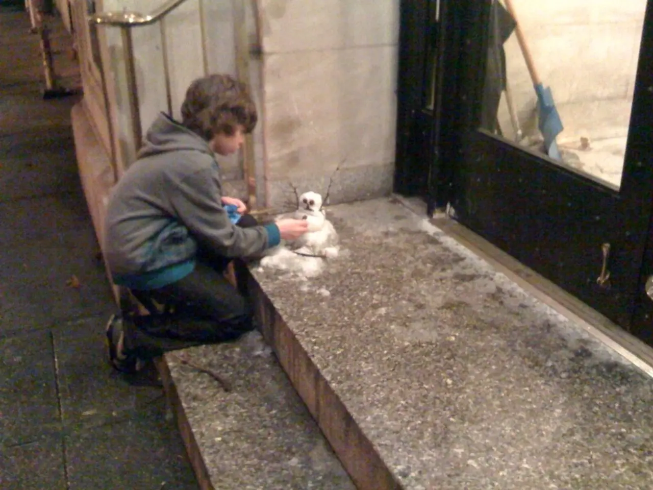 In the center of the image we can see a kid is holding some objects. In front of him, we can see a...