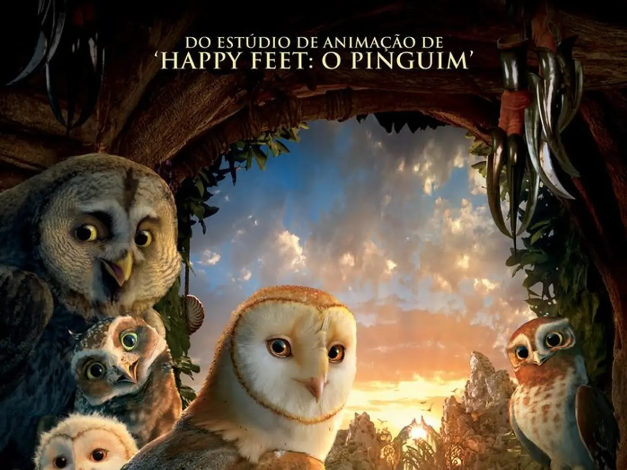 In this image there is a poster having few eagles standing on the land. Behind there is water and...