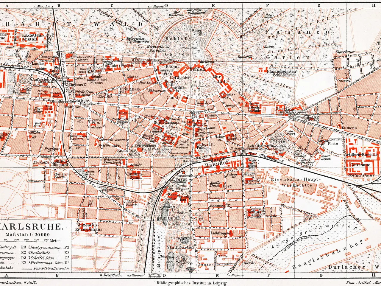 The image shows an old map of Karlsruhe, Germany from 1900. It is a detailed map with text written...