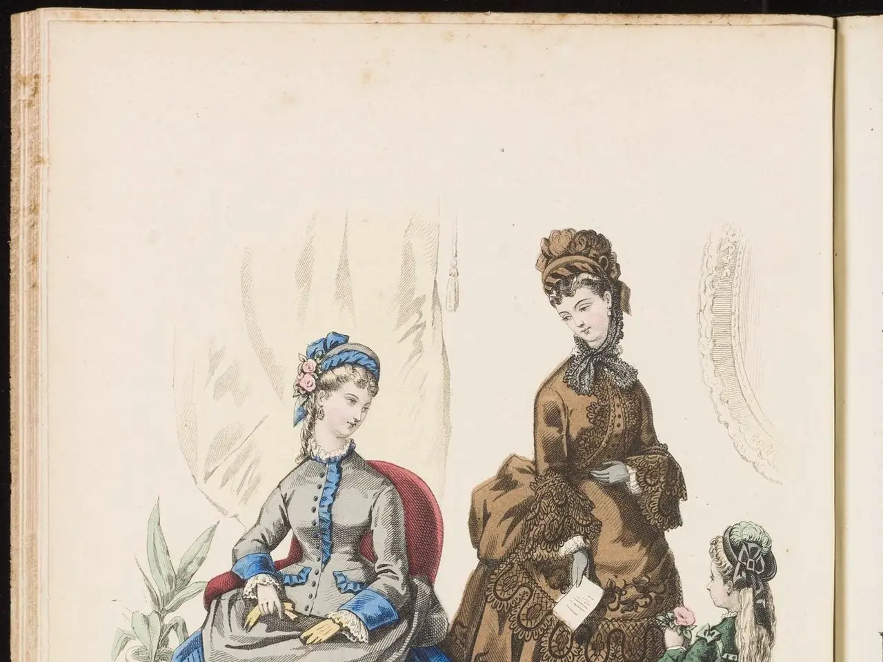 The image shows an open book with a drawing of three women in dresses and a child. The book is...