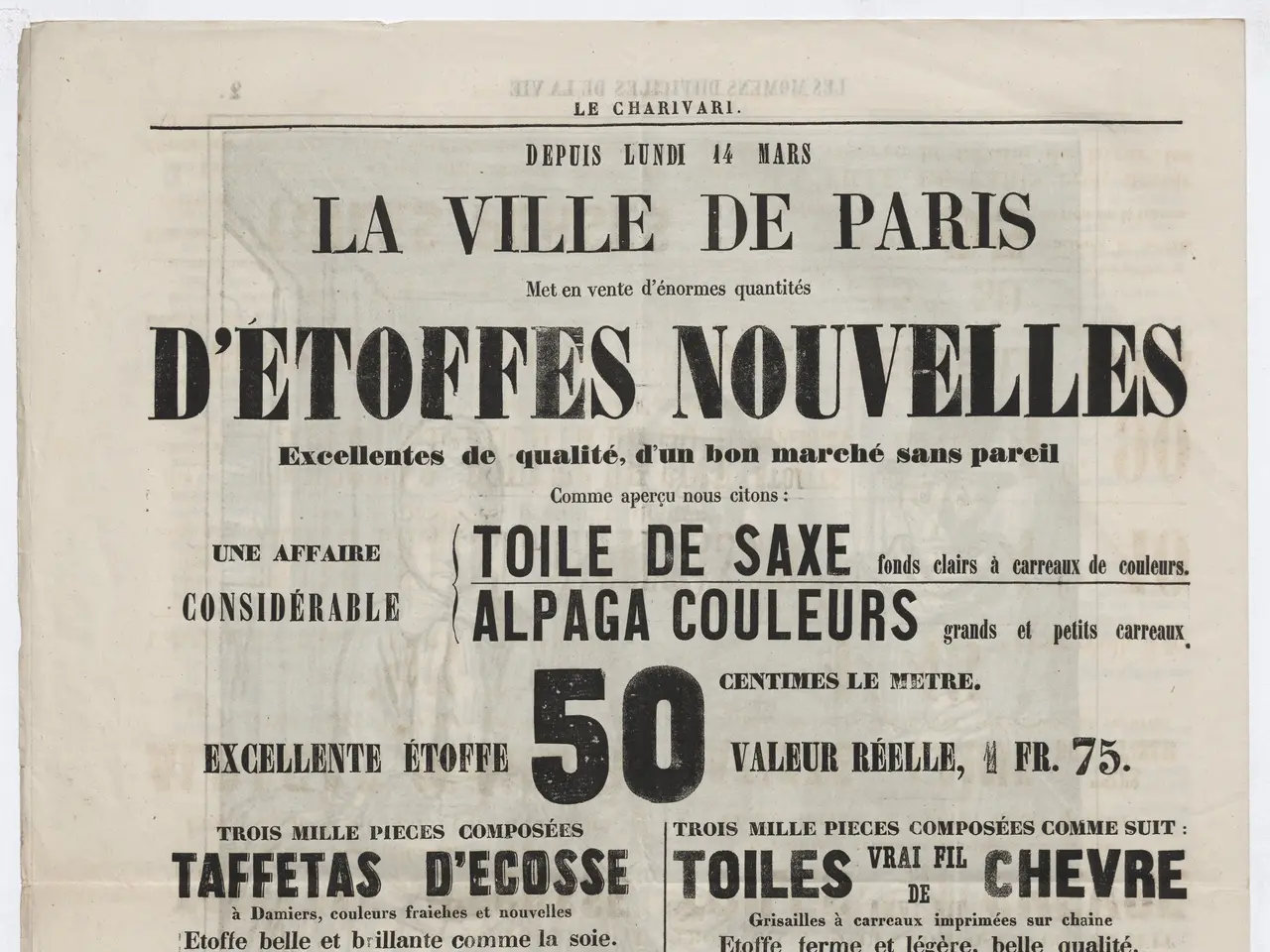 The image shows an old newspaper advertisement for a store in Paris, France. The paper has text...
