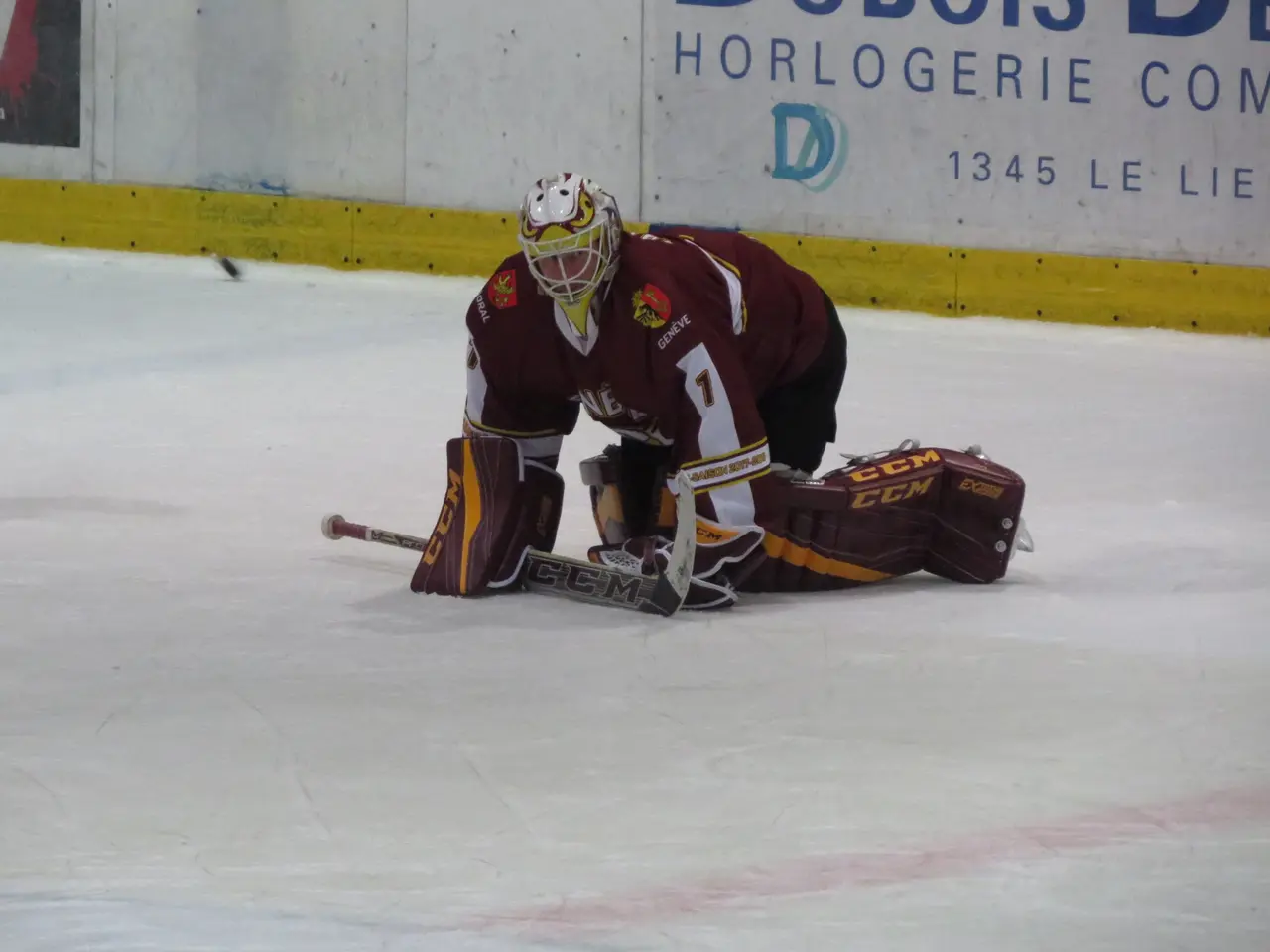 The image shows a hockey player in a maroon and yellow uniform, wearing a helmet, gloves, and knee...