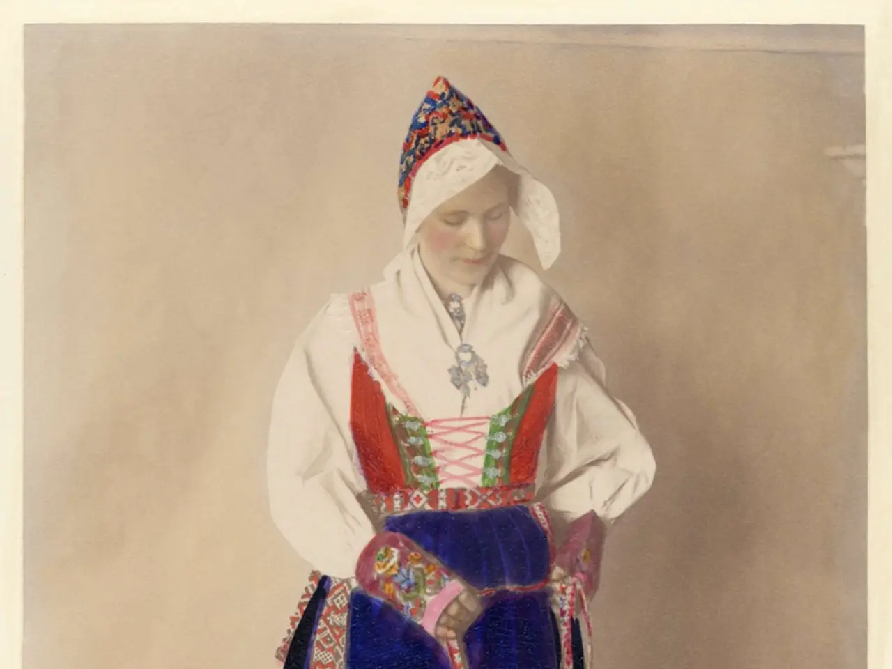 The image shows a woman in a traditional Russian costume, with a white and blue dress and a cap on...