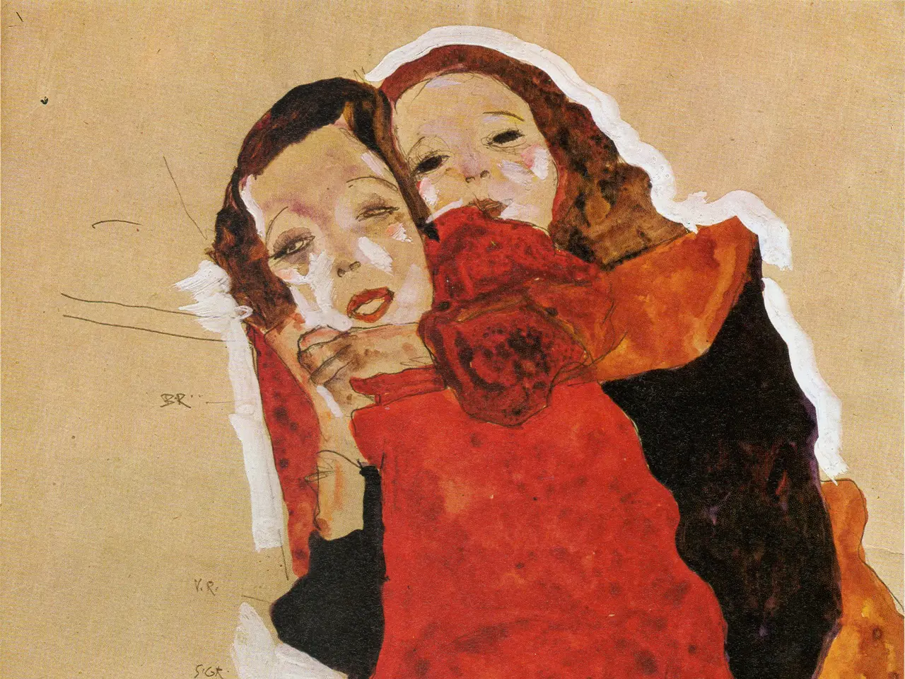 The image shows a painting of two women, one wearing a red dress and the other wearing a black...