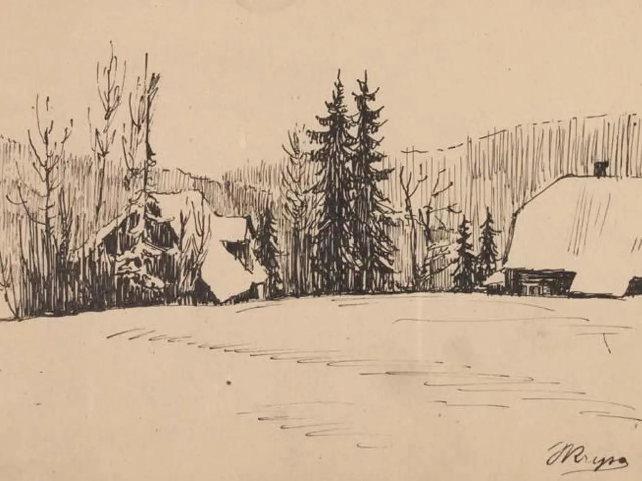 The image shows a drawing of a snowy landscape with a house in the foreground, surrounded by trees...
