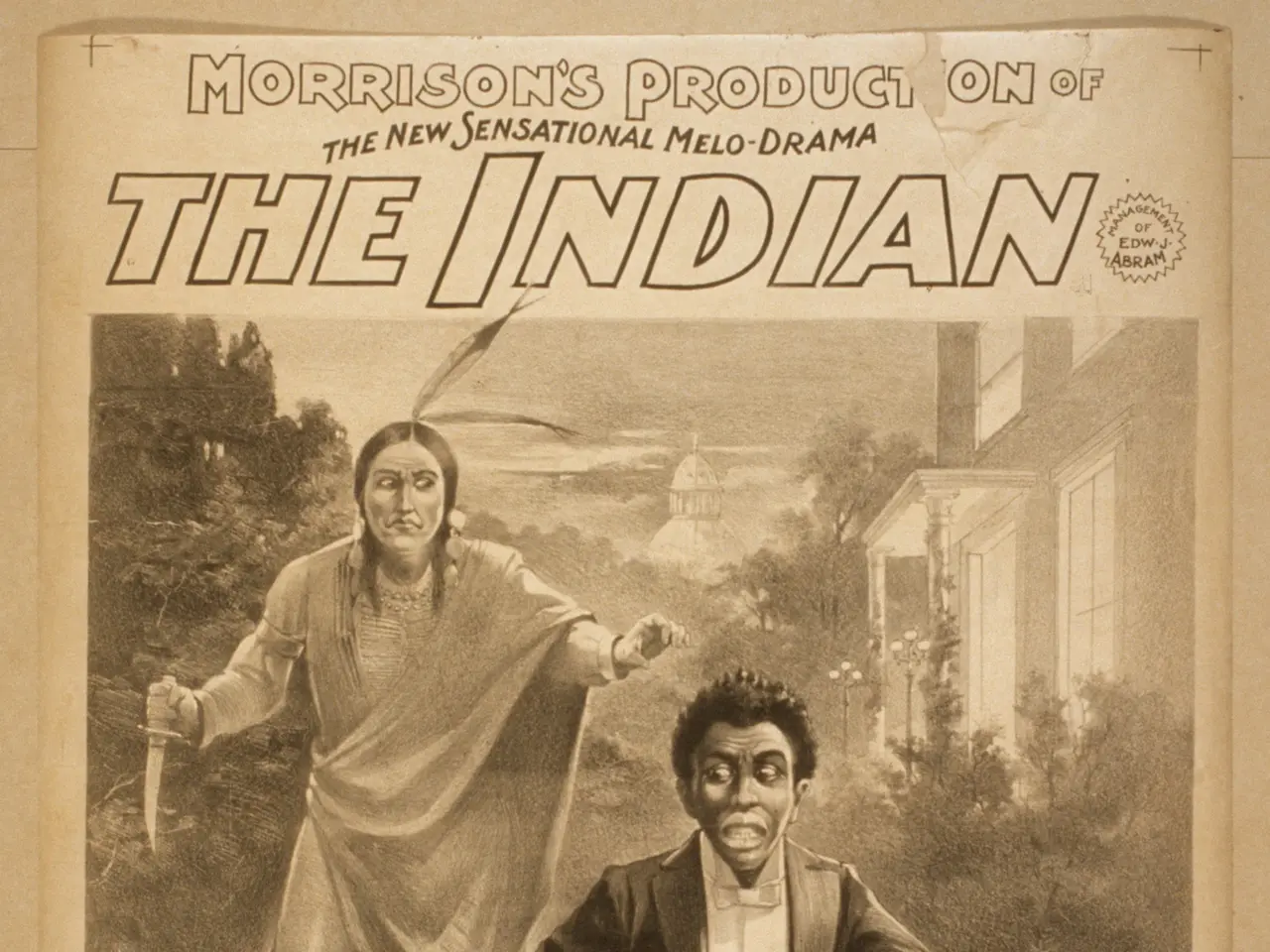 The image shows a poster of a man and a woman standing in front of a building with trees in the...