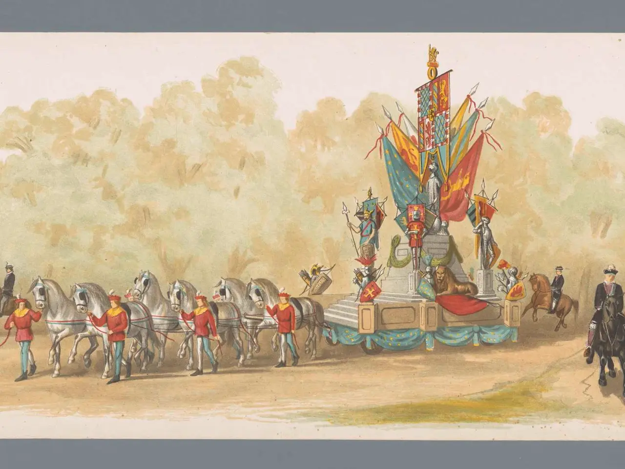 The image shows a painting of a group of people riding horses in front of a float, which appears to...