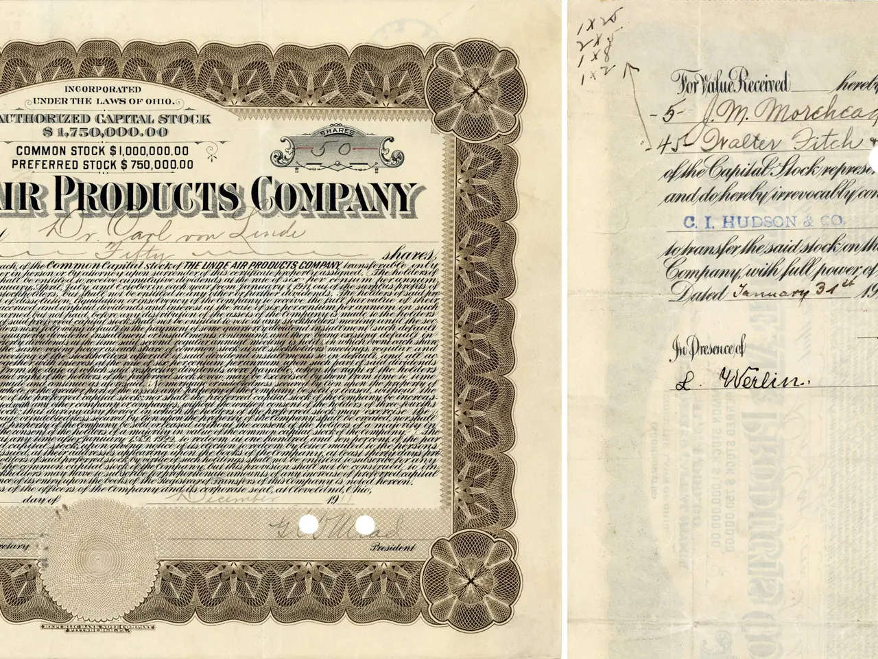 The image shows an old stock certificate from the Linde Air Products Company. It is a paper...