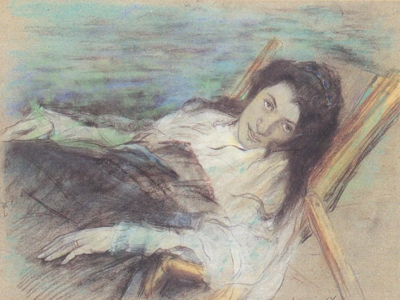 The image shows a woman lying on a beach chair, with her head resting on the armrests of the chair....
