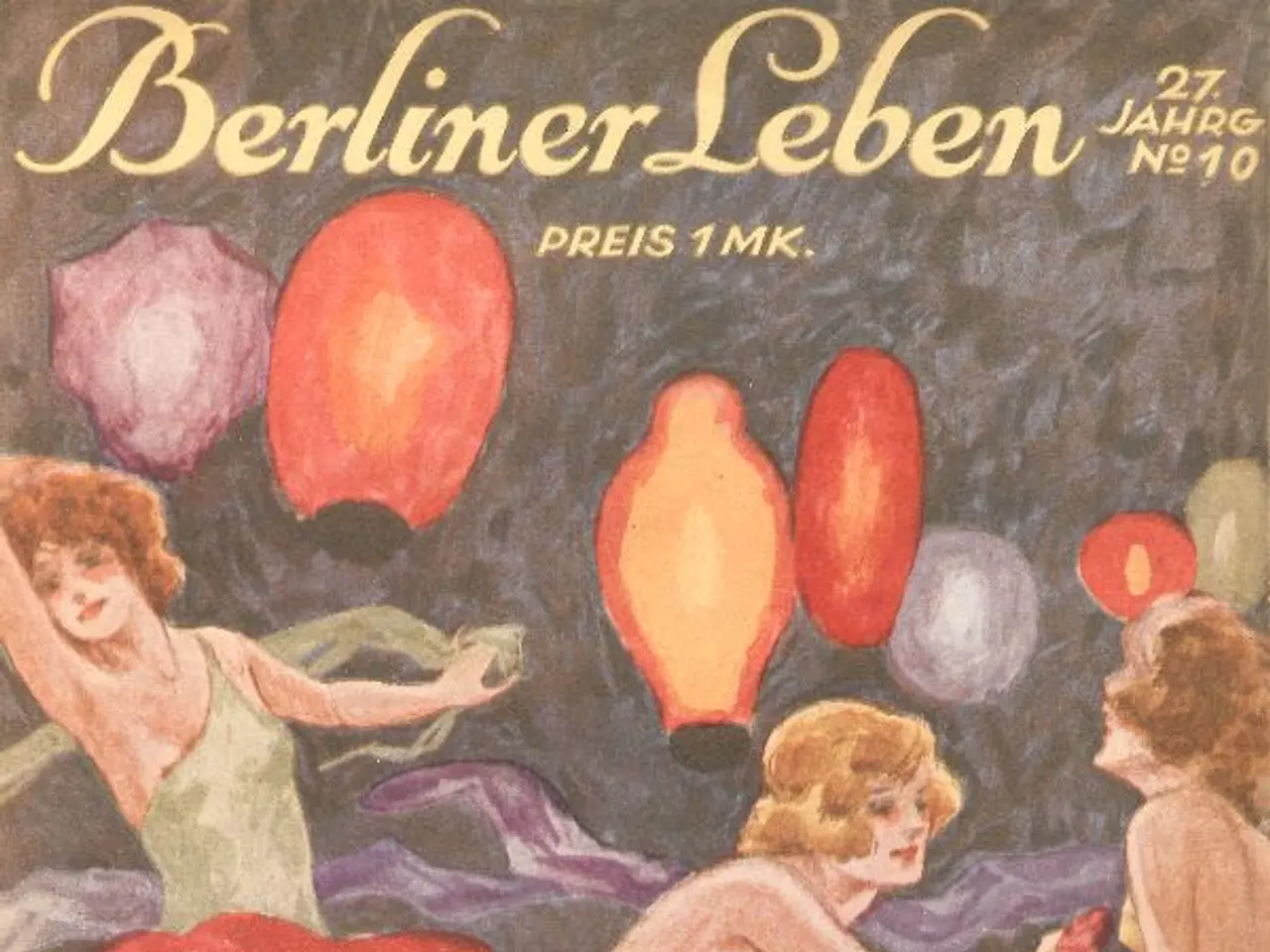 The image shows a cover of a magazine with a painting of three women dancing, surrounded by...