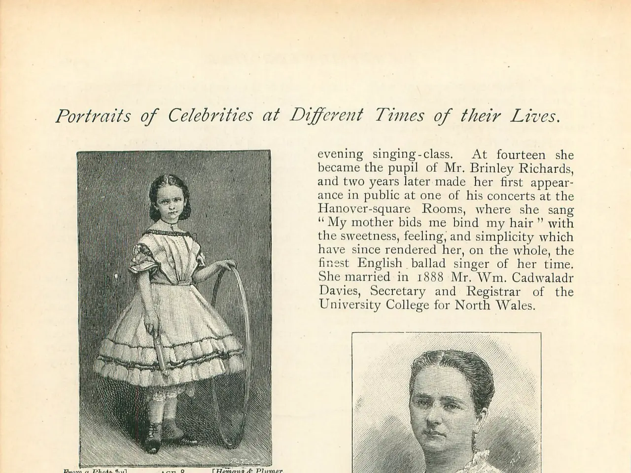 The image shows an old book with pictures of women on it. The book is open to a page with text and...